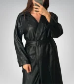 Women’s vintage long black leather coat – belted double-breasted style