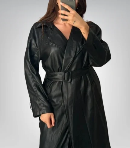 Women’s vintage long black leather coat – belted double-breasted style