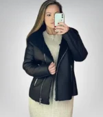 Women’s shearling lined black leather jacket – peplum biker outerwear