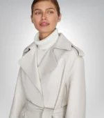 Long off-white leather coat for women – elegant trench design