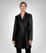 Premium women’s black leather trench coat – long elegant design