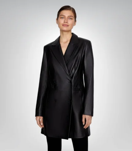 Premium women’s black leather trench coat – long elegant design