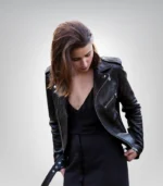 Short black leather blazer for women – street style fashion jacket