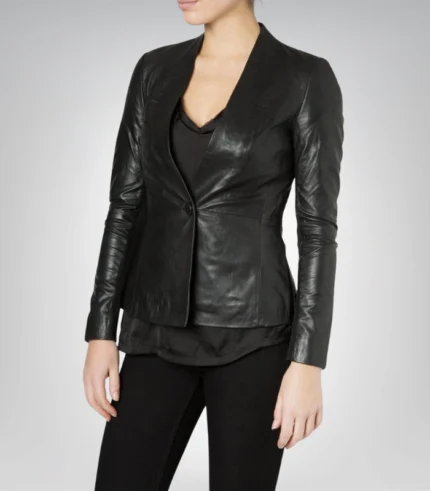Short black leather blazer for women – street style fashion jacket