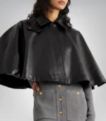 Handmade Black Leather Poncho – Women’s Luxury Cape with Buttons