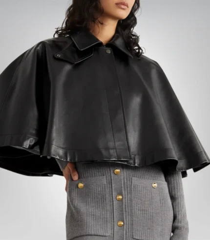 Handmade Black Leather Poncho – Women’s Luxury Cape with Buttons