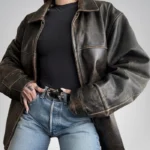 Women’s brown leather biker jacket – distressed oversized sheepskin moto coat