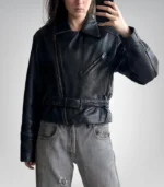 Women’s sheepskin leather motorcycle jacket – handmade black racer style