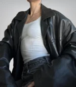 Vintage black leather long coat for women – sheepskin with buttons