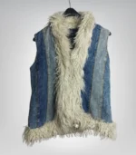 Handmade 70s boho vest for women – denim patchwork with faux fur
