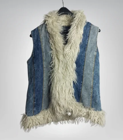 Handmade 70s boho vest for women – denim patchwork with faux fur
