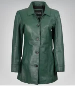 Women's Genuine Leather Mid-Length Green Coat with Buttons