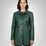 Women’s genuine leather mid-length green coat – buttoned outerwear
