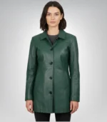 Women’s genuine leather mid-length green coat – buttoned outerwear