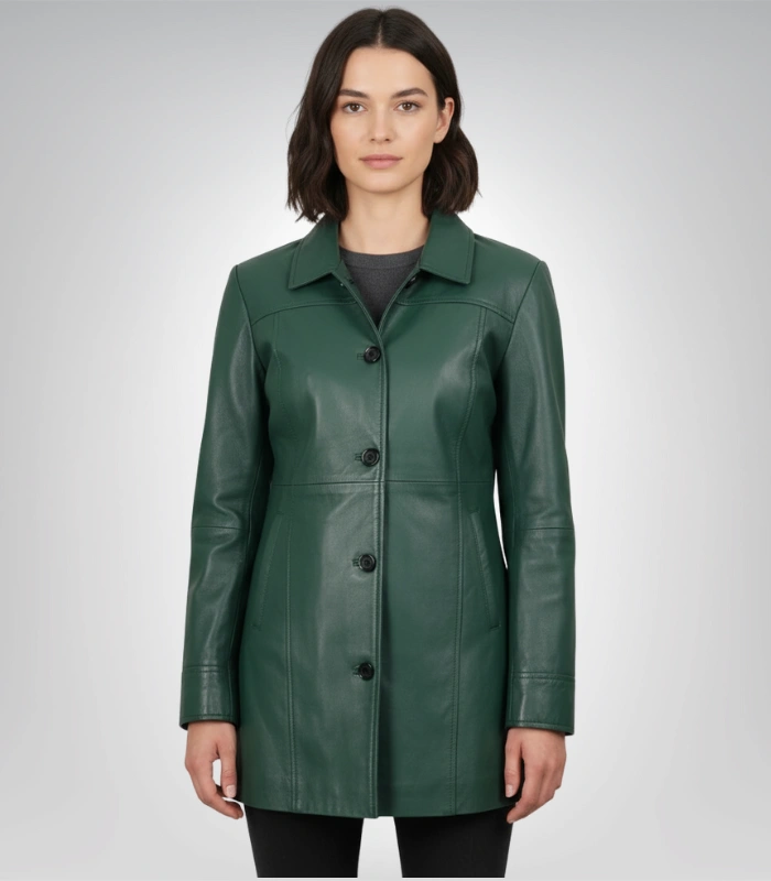 Women’s Genuine Leather Mid-Length Green Coat with Buttons Women’s genuine leather mid-length green coat – buttoned outerwear