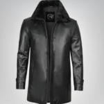 Men’s Classic Black Leather Long Coat – 3/4 Length with Shearling Style Collar