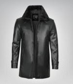 Men’s Classic Black Leather Long Coat – 3/4 Length with Shearling Style Collar