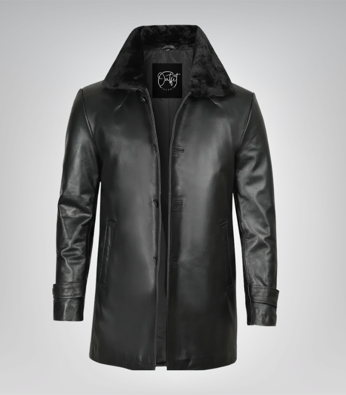 3 Men’s Classic Black Leather Long Coat – 3/4 Length with Shearling Style Collar - Image 1