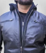 Men’s genuine black leather biker jacket – removable hood motorcycle style