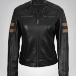 Women’s jet black moto leather jacket with amber racing stripe detail