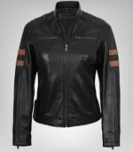 Women’s jet black moto leather jacket with amber racing stripe detail