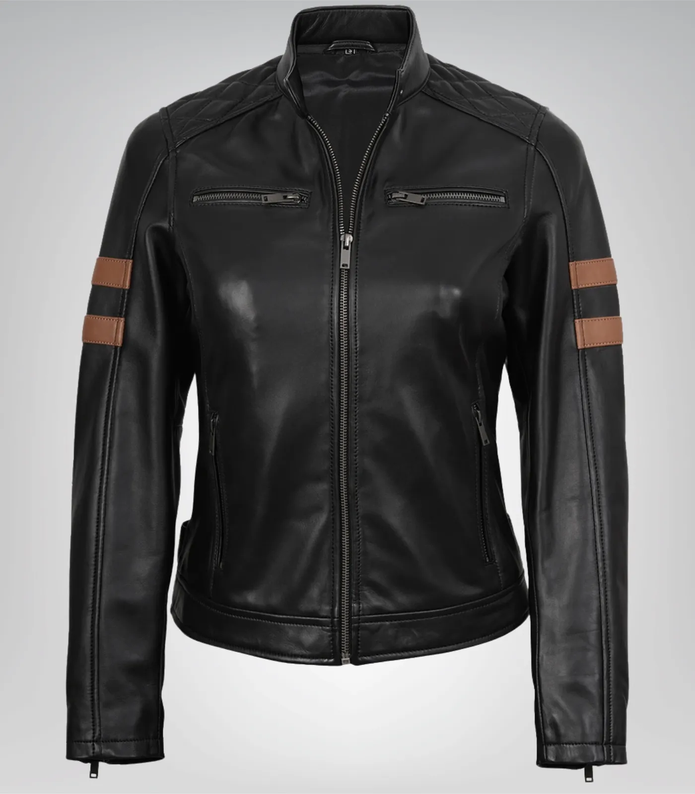 Women’s Jet Black Moto Leather Jacket with Amber Racing Stripe Women’s jet black moto leather jacket with amber racing stripe detail