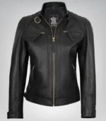 Women’s genuine black lambskin leather biker jacket – golden detail design