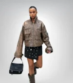 Vintage Brown Distressed Leather Jacket for Women Cropped Bomber Style Genuine Leather Coat with Adjustable Buckles Handmade Christmas Gift