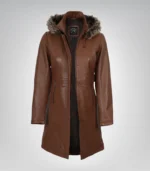 Women’s Brown Leather Coat with Removable Hood and Faux Fur Trim - Image 3