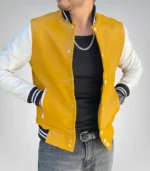 Men’s yellow and white leather varsity jacket – premium college letterman style