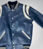 Men’s leather varsity bomber jacket – navy blue with white striped details