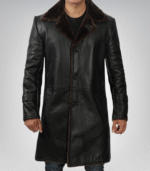 Men’s 3/4 Length Genuine Black Leather Coat with Brown Shearling Lining - Image 2