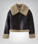 Brown faux shearling bomber jacket for women – winter pilot style coat