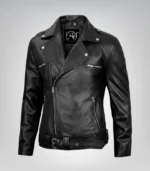 Premium quality black moto leather jacket for men featuring asymmetrical front and belt