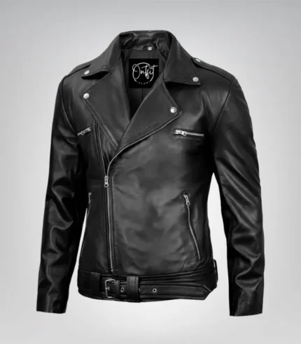 Premium quality black moto leather jacket for men featuring asymmetrical front and belt
