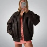 Women’s dark brown vintage leather jacket – 1980s oversized bomber style