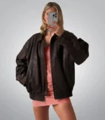 Women’s dark brown vintage leather jacket – 1980s oversized bomber style
