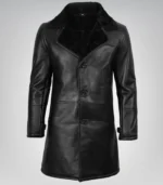 Men’s Black 3/4 Length Genuine Leather Coat with Faux Shearling Lining - Image 2