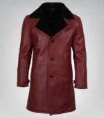 Men’s Maroon 3/4 Length Leather Coat with Black Faux Shearling Lining - Image 3