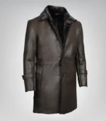 Men’s genuine leather winter coat – dark brown 3/4 design with faux shearling lining