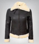 Women’s genuine lambskin shearling bomber jacket – dark brown B3 design