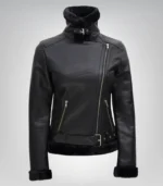 Women’s Black Shearling Leather Biker Jacket – Genuine Lambskin Winter Style - Image 2