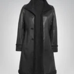 Elegant Women’s Black Leather Coat – 3/4 Length with Faux Shearling Interior