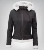 Women’s Mary B3 Dark Brown Shearling Leather Jacket with Removable Hood - Image 2