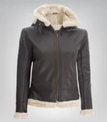 Classic Women’s Dark Brown Hooded Leather Jacket – Real Shearling Style