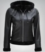Title: Women’s Aviator Shearling Jacket – Black Hooded Leather Winter Coat