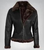 Alt Text: Elegant women’s dark brown shearling B3 bomber jacket for winter wear