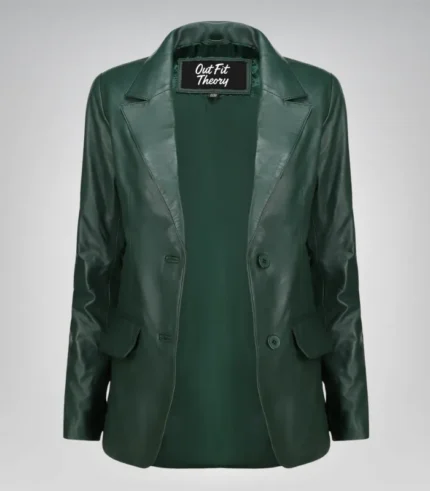 Women’s classic green lambskin leather blazer jacket – elegant everyday look