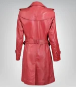 Elegant women’s red leather long coat – trench style with belted waist