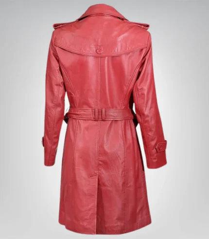 Elegant women’s red leather long coat – trench style with belted waist